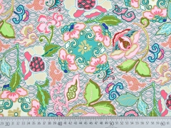 Polyester Satin Stoff Kelchblumen, apricot mintgr�n