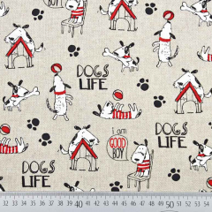Dekostoff Hunde Dogs Life Leinen Optik,rot schwarz natur