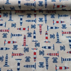 Dekostoff Leinenlook Leuchtt�rme, rot blau natur