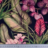 Dekosamt Velourstoff tropische Blumen Bl�tter, gr�n beere schwarz