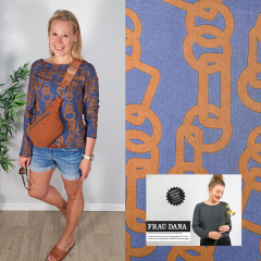 RESTST�CK 105 cm Viskose Stoff Blusenstoff Ringe Quadrate, terracotta braun jeansblau