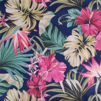 Dekostoff Blumen tropische Bl�tter, pink dunkelblau