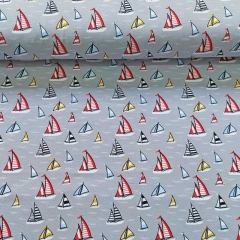 Jerseystoff Segelboote, rot hellblau grau