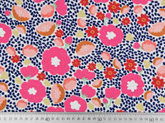 Dekostoff Blumen, pink aprikot dunkelblau weiss