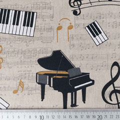 Dekostoff Klavier Piano Noten, schwarz natur