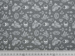 RESTST�CK 137 cm Stenzo Jersey Totenk�pfe Rosen, wei� dunkelgrau