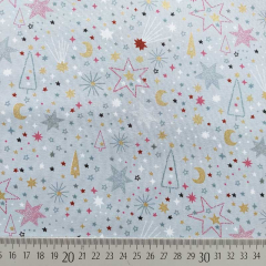 Baumwollstoff Sterne Tannenb�ume Glitzerdruck, grau