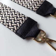 Taschengurt Taschenriemen Webmuster Weave - hellbeige schwarz -schwarzes Leder- gold Schnallen