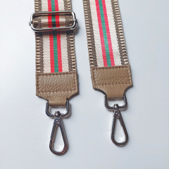 Taschengurt Streifen dunkelbeige beige rot gr�n-beige Leder - silber Schnallen
