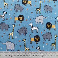 Jerseystoff Zootiere Elefanten L�wen Giraffen, jeansblau