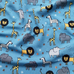 Jerseystoff Zootiere Elefanten L�wen Giraffen, jeansblau