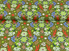 RESTST�CK 125 cm Baumwollstoff Blumen Knospen Bl�tter, hellgr�n khaki