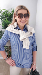 Baumwollstoff mit Stretch L�ngsstreifen, wei� mittelblau