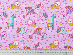 Baumwollstoff Elefanten L�wen Giraffen Bl�mchen, rosa