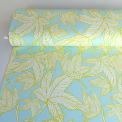 RESTST�CK 37 cm Sweatstoff French Terry Bl�ttermuster, gelbgr�n aqua (hellt�rkis)