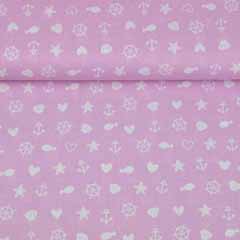 Baumwollstoff Anker Muscheln Herzen, weiss rosa