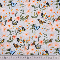 Jerseystoff Schmetterlinge Blumen, aprikot khakigr�n blau grau meliert