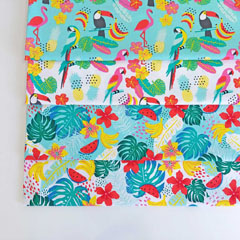 Jerseystoff tropische Bl�tter Blumen Melone, wei�