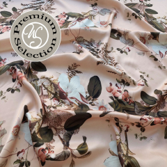 Viskose Satin Stoff Blumen Bl�tter Ranken, armygr�n wei� aprikot- Made in Italy