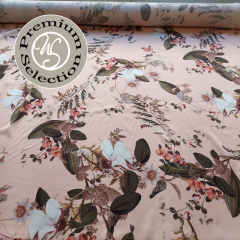 Viskose Satin Stoff Blumen Bl�tter Ranken, armygr�n wei� aprikot- Made in Italy
