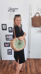 Strohtasche Ibiza Style Strandtasche rund - hellblau natur beige