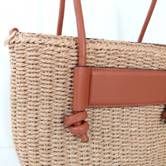 Strohtasche Shopper Henkel aus Lederimitat, cognac beige