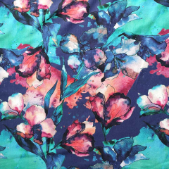 Viskose Jerseystoff Blumen Bl�tter Aquarell Stil, rot mint t�rkis lilablau