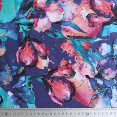 Viskose Jerseystoff Blumen Bl�tter Aquarell Stil, rot mint t�rkis lilablau