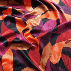 Viskose Satin Stoff Webware seidiger Glanz Bl�tter Muster - bordeaux orange rot schwarz