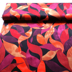 Viskose Satin Stoff Webware seidiger Glanz Bl�tter Muster - bordeaux orange rot schwarz