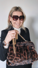 Fake Fur Felltasche Leopardenmuster mit Rahmen flauschig weich uni, braun schwarz dunkelbraun