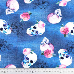 Jerseystoff Totenk�pfe Blumen Jeanslook Digitaldruck,jeansblau