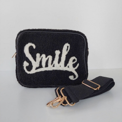 Tasche Retrolook SMILE Teddyboucle - wei� schwarz - gold Schnallen