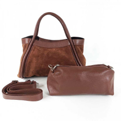 Wildledertasche 2 in 1 Handtasche & T�schchen Ledergriffe-Havanna Braun - Made in Italy