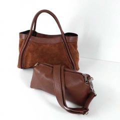 Wildledertasche 2 in 1 Handtasche & T�schchen Ledergriffe-Havanna Braun - Made in Italy