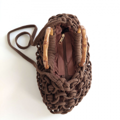 H�kel-Handtasche mit edlem Bambusgriffen & Schulterriemen - Espresso Brown - Boho Makramee Tasche