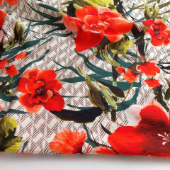 Viskose Krepp Stoff Blumen Bl�tter, orange rot hellbeige