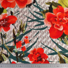 Viskose Krepp Stoff Blumen Bl�tter, orange rot hellbeige