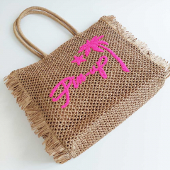 Strohtasche rechteckig mit Fransen PIN-UP, neonpink auf beige