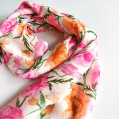 Halstuch Schal Blumen, pink orange rosa gr�n auf cremeweiss