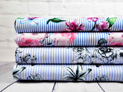 Baumwolle Stretch Streifen Rosen, blau-weiss rosa