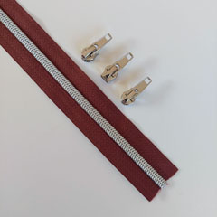 1 m Rei�verschluss metallisiert SILBER 6,5 mm Spirale + 3 Schieber, weinrot