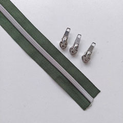 1 m Rei�verschluss metallisiert SILBER 6,5 mm Spirale + 3 Schieber, dunkelgr�n