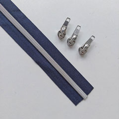 1 m Rei�verschluss metallisiert SILBER 6,5 mm Spirale + 3 Schieber, dunkelblau