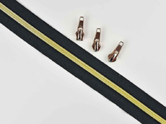 1 m Rei�verschluss metallisiert GOLD 6,5 mm Spirale + 3 Schieber, schwarz