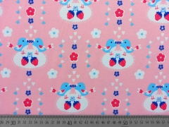 Jerseystoff V�gel Herzchen Erdbeeren, rosa