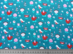 RESTST�CK 140 cm Baumwollstoff Voile V�gel & Blumen, rosa rot petrol