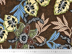 RESTST�CK 175 cm Viskosejerseystoff exotische Blumen, khaki gelb braun