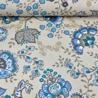 Dekostoff Leinenlook Kelchblumen, jeansblau mint natur