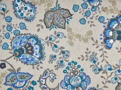 Dekostoff Leinenlook Kelchblumen, jeansblau mint natur